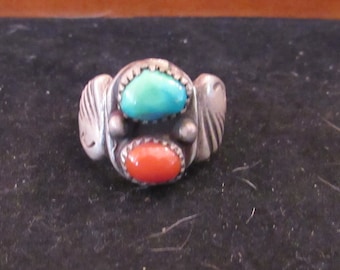 Wonderful Coral Turquoise Sterling Silver Southwest Native Style Size 10.5 Ring (E 706)