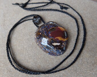 Large chunky Boulder Opal, double terminated Smoky Quartz necklace - natural stone jewelry handmade in Australia - macrame adjustable length