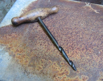 Antique Auger Hand Drill. Wood handle & tempered steel metal screw for creating holes in wood or leather. French vintage tool, initials F P
