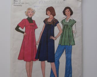 Vintage Size 12 STYLE 1614 Maternity Top Sewing Pattern, Vintage Maternity Dress Pattern, Bust 34, 1970s Maternity Pattern, Tunic Pattern.