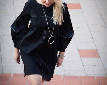 Black Tunic Dress For Women, Black Women Dress With Pockets, Cotton Dress Women, Stitching Design