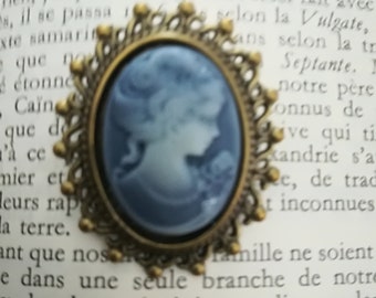 Grey blue cameo brooch with