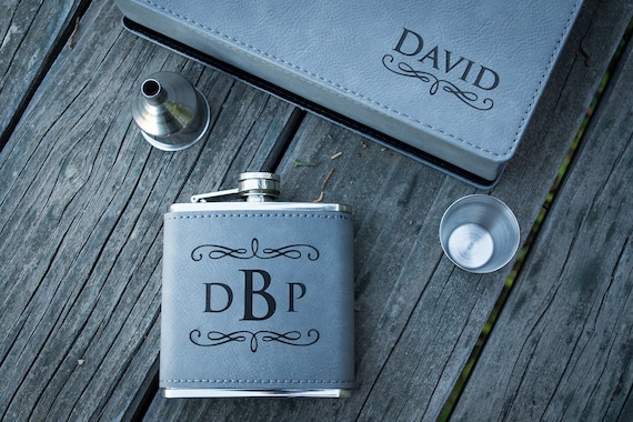 Laser Engraved Flask Wrapped In Gray Faux Leather
