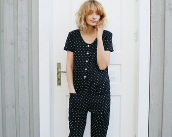 Linen Jumpsuit - Polka Dot Linen Jumpsuit - Short Sleeve Linen Jumpsuit - Black Overall - Linen Overall - Linen Romper - Handmade by OFFON