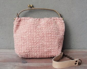 Cotton Candy Bag, Hand Woven Chenille Pink Bag, Woven Bag, Leather Strap, Kiss-lock, Gingham