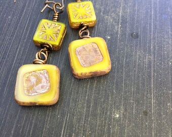 Starburst Lime and Lemon Square Czech Glass Earrings Minimalist Square Dangle Earrings LMSQ317