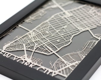 New York City Stainless Steel Laser Cut Map - 5x7" Framed | Wall Art