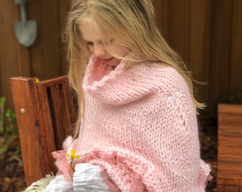 Pink knitted cape, chunky knit kids cape, Kids Clothing