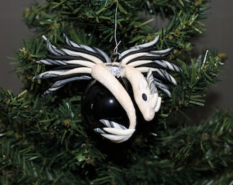 Black and White Dragon Christmas Ornament Polymer Clay