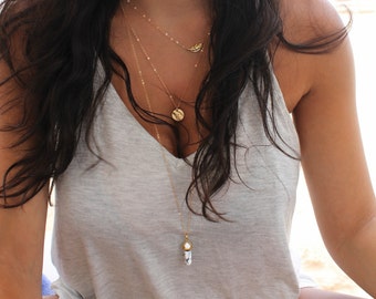 Boho Chic Layered SET of three necklaces,little gold leaf,Initial disc & howlite pendant, 14Kt Gold Filled personalized stamped tag,3 chains