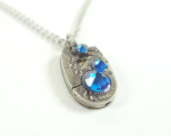 Steampunk Necklace Oval Clockwork Jewelry & Deep Blue Crystals