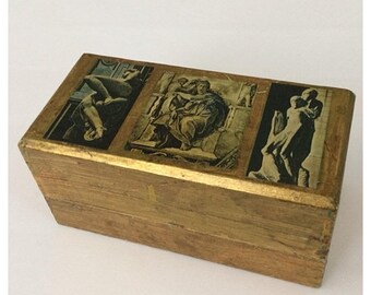 SALE Vintage Italian Florentine Florentia Michelangelo Triptych Portrait Painted Wooden Jewelry Trinket Box Gold Gilt Wood Toleware Italy