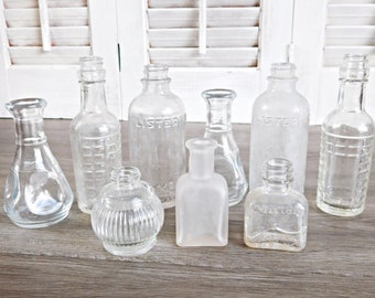 Large Apothecary Drug Store Bottle Lot, Antique Medicine Druggist Bottles, Embossed Medicine Bottles, Apothecary Bud Vase, Lot of 9 Bottles