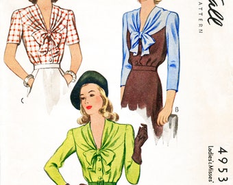 1940s 40s blouse vintage sewing pattern 3 styles bow collar bust 34 reproduction