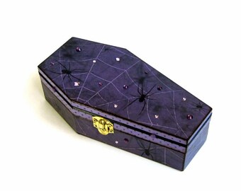 Halloween Coffin Box Purple Cobwebs and Black Spiders Halloween Decor Decoration Goth Gothic Jewelry Box Decorated Coffin Trinket Box