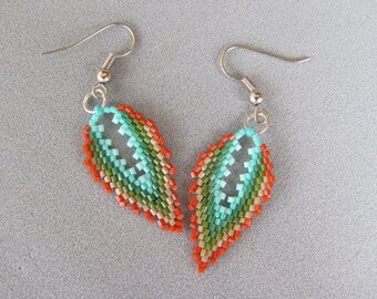 Miyuky Seed Beaded Earrings, Handmade Jewelry, Leaf Shaped Earring, Art Jewelry, Chandelier Earrings
