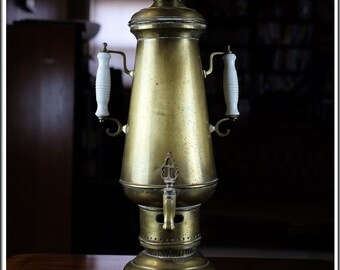 Antique Large Russian Brass 21" Samovar Water Boiler Coffee Tea Dispenser with Porcelain Handles