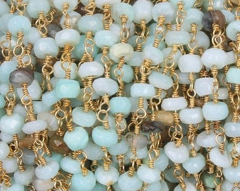 Memorial Day 5 Foot Peru opal Ronelle Rosary Style Beaded Chain - Peru opal Beads wire wrapped 24k Gold Plated chain per foot BD158