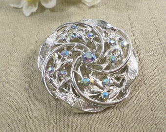 Beautiful Vintage Silver Tone AB Rhinestone Brooch DL# 4732