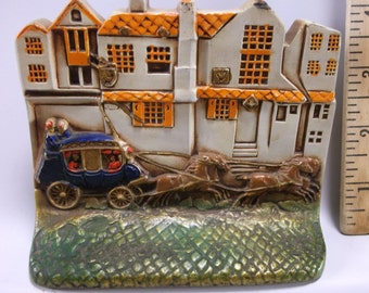 Antique Stagecoach Street Scene By Tavern Polychrome Cast Iron Bookends C 1934 Mint Condition.epsteam