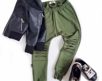 Sarouel Slim jambe jogging | OLIVE | Pantalons de survêtement en détresse | Sarouel Leggings | Jambières pour bébé | Les tout-petits Leggings | Leggings en polaire | Harempant