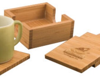 Customizable Bamboo Coasters- Personalized Coasters (Set of 4) with caddy