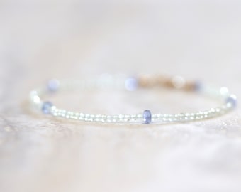 tiny prehnite with tanzanite gemstone bracelet. pale green with periwinkle blue violet bracelet. thin delicate beaded bracelet.