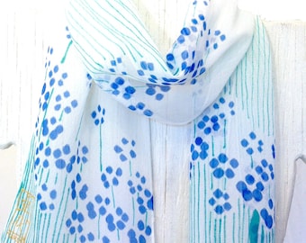Hand Painted Silk Scarf, Summer Scarf. Petite Blue Sumi Wildflowers. Pastel fashion. Silk Chiffon Scarf Floral. 8x50 in. Made to Order.