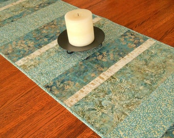 Modern Quilted Table Runner in Shades of Blue Brown Taupe, Blue Batik Table Runner, Extra Long Dining Table Runner, Table Runner Quilt