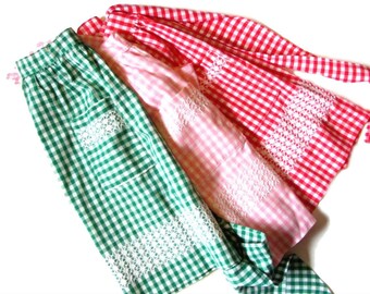 Gingham Half Apron Chicken Scratch Hand Embroidered Your Choice Red Green or Pink Checks Gift for Mom