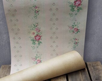 1920s Pink Floral Chintz Wallpaper By The Yard, Pale Pink And Yellow Roses