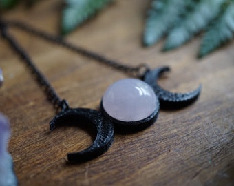 Triple Moon Goddess and Rose Quartz Necklace - Moon Necklace - Moon Phase Necklace