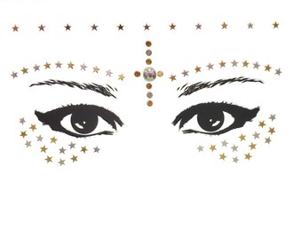 Gold stars face stick on freckles, stickers jewels, gems, festival, rave, makeup, bindis, rhinestones glitter decals, adhesive bling sparkle