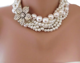 Bridal Pearl Statement Necklace - Wedding Jewelry - Rhinestone and Pearl Necklace, rhinestone brooch,brooch necklace,rhinestone and pearl