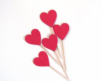 Valentine's Day Decor, 24 Red Heart Cupcake Toppers, Food Picks, Party Decor, Love, Weddings, Showers, Birthdays, Double-Sided