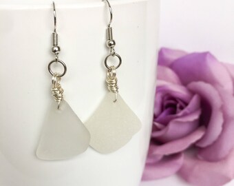 White beach glass earrings, sea glass earrings, beach glass, beach glass jewelry, sea glass jewelry, beach jewelry, Lake Superior earrings