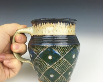 Pottery mug, geometric, green mug, coffee mug, ceramic mug, ceramic cup, green cup