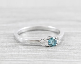 Blue diamond engagement ring 3 stone diamond ring handmade in 18 carat gold for her
