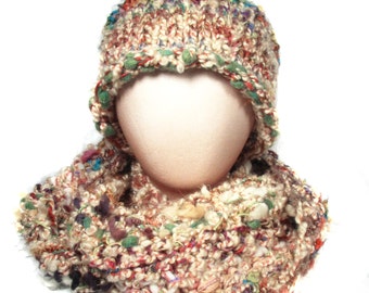 277 BALDWIN rolled HAT ONLY: hand knit w/pale peach yarn and other subtle colors, unique, funky and sassy, shown with 278 Baldwin scarf