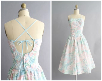 pastel floral sundress | vintage 1980s mint green watercolor print sweetheart dress | vtg 80s blue floral sun dress | small