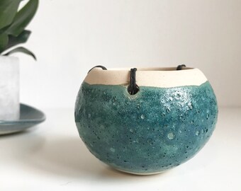 Turquoise Hanging Planter // Ceramic Hanging Plant Pot // Succulent Planter // Cactus Planter // Blue Green