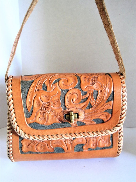 Hand Tooled Purse, Leather Top Handle Bag, Small Bag, 60's leather purse