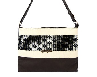 Leather Tote Bag with Handwoven and Brocade Insert. Geometric, Mexican-inspired Design.