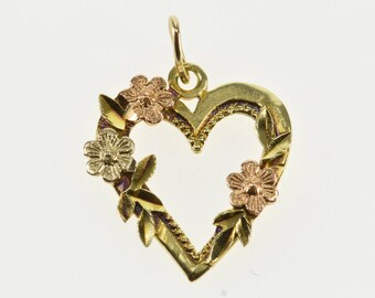 14K Heart Cut Out Rose Accented Dot Trim Charm/Pendant Yellow Gold