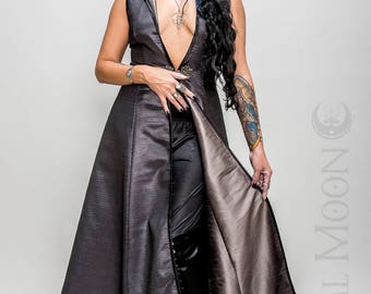 NEW: The Metallic Silver "DragonSkin" REVERSIBLE to Gray Opera Vest Hoode Long Dress by Opal Moon Designs (Size S-XXL)