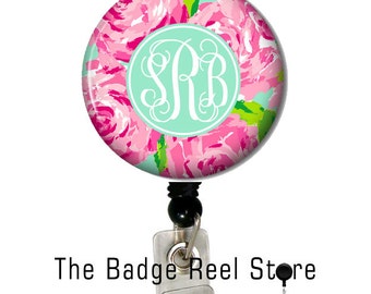 Custom Name Badge Holder, Retractable ID Badge Holder, Name Tag, Personalized, Badge Reel, ID holder, Nurse, Monogrammed - Preppy Roses