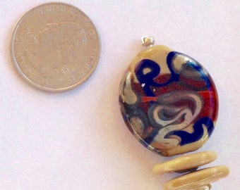 Lampwork Glass Focal Bead Beige/Blue/Red