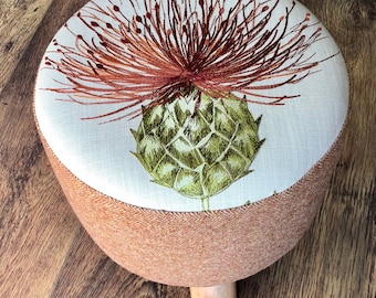 Scottish Burnt Orange Embroidered Thistle and Wool Footstool.