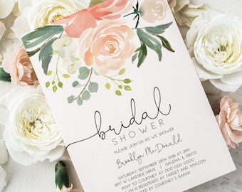 Bridal Shower Invitation template, Peach Floral Invitation Printable, Bridal Shower Invite, Instant Download, Editable PDF, WLP702