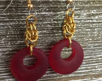 Eco-friendly Handcrafted Dangle Earrings for Women: Red Cultured Sea Glass